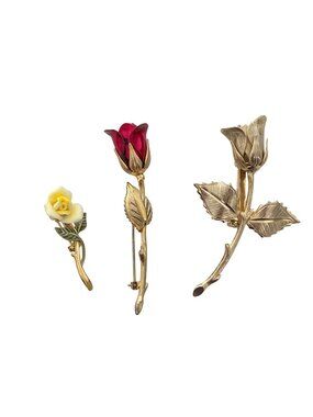 Vintage Gold Tone Rose Brooch Set Red Enamel Cream Flower Pins 3pcs floral lover